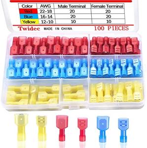 Twidec/100PCS Nylon Spade Connectors Kit 22-10 Gauge Male and Female Wire Spade Terminal Quick Disconnect Fully Insulated Wire Crimp Connector for Automotive Marine