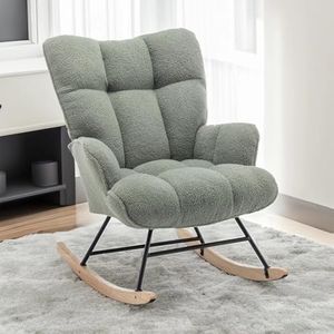 SAETSFEG Rocking Chair Nursery Teddy, Upholstered Baby Fluffy Glider Rocker for Adults Small Spaces Indoor, Comfy Sherpa Compact Nursing Chairs, Green