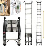 Telescopic Ladder 4M/14.4FT Multi-Purpose Folding with Detachable Hooks, Stainless Steel Ladders 14 Adjustable Steps Extension Ladder, Extendable Resistant Foldable Ladder with EN131, Max Load 150kg