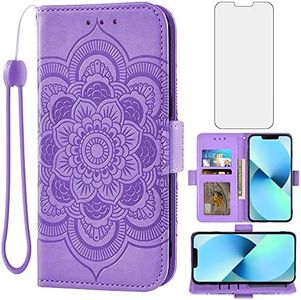 Asuwish Compatible with iPhone 13 6.1 inch Wallet Case and Tempered Glass Screen Protector Leather Flip Credit Card Holder Cell Phone Cover for iPhone13 5G i i-Phone i13 iPhone13case Women Men Purple