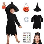 Sarvda Halloween Costume for Girls | Halloween Black Witch Dress for Kids | Witch Hat | Pumpkin Basket | Dracula Teeth | Makeup Tattoo | For 3 to 4 Year Kids