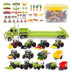 deAO Farm Tractor Toy, Farm Vehicle, Toy Farm Sets for 3+ Year Old Diecast Car, Harvester, Trailer, Cropcutter, Cow, Farm Animals with Storage Box, Birthday