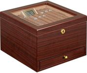 Flauno Cigar Humidor, Holds 40-70 Cigars, Spanish Cedar Wood, Air Circulation System, Lock, Drawer, Accurate Digital Hygrometer, Humidifier, Tempered Glass Top Cigar Box for Cigar Lover