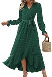 BTFBM Women's Boho Cocktail Maxi Dress 2024 Fall Fashion V Neck Swiss Dot Long Sleeve Flowy Slit Wedding Party Dresses(Swiss Dot Dark Green, Small)