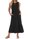 WNEEDU Womens Summer Dresses 2024 Sleeveless Maxi Dress Crewneck Casual Flowy Tiered Swing Dress with Pockets, Black XL