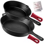 Cast Iron Skillet Set - 8" + 12"-Inch Frying Pan - Pre-Seasoned Oven Safe Cookware + 2 Heat-Resistant Handle Holder Grips - Indoor/Outdoor Use - Grill, Stovetop, BBQ, Camping Fire Pit, Induction Safe