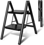 Upgraded 2 Step Ladder, 330 lbs Folding Aluminum Step Stool with Wide Anti-Slip Pedals, Lightweight & Portable Ladder for Kitchen, Closet, Office, Home Use - Black