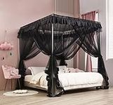 Mengersi Black Canopy Bed Curtains Queen Size, Royal Luxurious Cozy Drapes Netting- Elegant Bed Sheer Bedroom Decoration Accessories for Adults