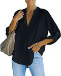 AISEW Womens Casual V Neck Shirts Cuffed Sleeves Chiffon Blouses Loose Solid Henley Work Tops (1169Black, XXL)