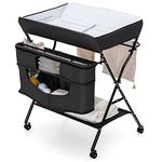 Costzon Baby Changing Table, Adjustable Height Portable Diaper Station w/Lockable Wheels, Safety Belt, Large Storage Rack & Bag, Folding Nursery Station for Infant Newborn (Black)