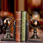 TimeStamp Decorative Bookends,Rustic Unique Globe Book Ends Stoppers Holder Nonskid for Home Shelves,Polyresin,4.5 x 5 x 8 Inches,(Set of 2)