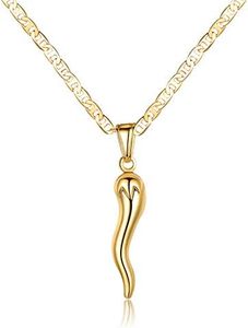 Barzel 18K Gold Plated Flat Marina Chain With Italian Horn Necklace Cornicello - Made In Brazil (24 Inches)