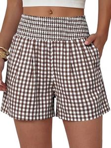 ANRABESS Women High Waisted Shorts, Striped & Gingham Lounge Pajama Beach Shorts with Pockets, Cute and Casual for Daily Wear Brown White Plaid Large