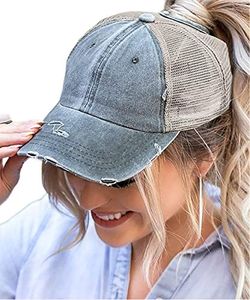 Eohak Distressed Ponytail Hats Baseball for Women Messy-Bun Pony Caps (Grey)