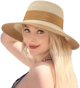 Trifabricy Beach Hat for Women, Wide Brim Sun Straw Hat for Women, Sun Hat Womens UPF 50+ UV Protection, Floppy Foldable Summer Hat, B-khaki & Beige, One size