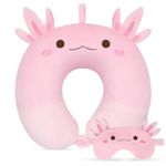 JEROKUMI Kids Travel Pillow, Kid Neck Pillows with Eye Mask Cute Axolotl U Shaped Neck Pillow, Neck Support Travel Pillow for Road Trip,Airplane, Travel Pillow for Kids & Adults