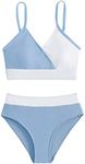 Milumia Girl's Two Piece Swimsuit Color Block Wrap V Neck Spaghetti Strap Bikini Set Multi White and Blue 8-9 Years