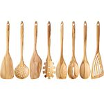 Olive Wood Utensils Set - 8 PCS Natural Olive Wood Kitchen Cooking Tools with Flat Spatula, Curved Spatula, Slotted Spatula, Spaghetti Spoon, Salad Spoon, Solid Serving Spoon, Slotted Spoon, Skimmer