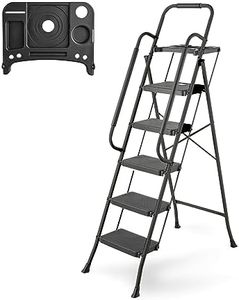 PMEIXU 5 Step Ladder with Handrails, 330LBS Capacity, Folding Step Stool with Tool Platform, Anti-Slip Wide Pedal, Sturdy Steel Ladder for Adults for Home Kitchen Library Office, Black