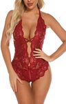 Aranmei Sexy Lingerie for Women Lace Teddy Bodysuit Deep V Cut Out Matching Panty Underwear, Wine Red, Large