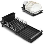 OKUYAN Compact Dish Drainer Rack Expandable Dish Drying Rack Stainless Steel Dish Drying Rack Dish Drainer with Extendable Draining Board Single Tier Drying Rack with Removable Cutlery Holder (Black)