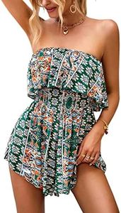 ECOWISH Women Off Shoulder Romper Strapless Floral Print Striped Beach Shorts Jumpsuit 296Green Medium