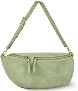 Italian Genuine Suede Crossbody Bag for Women with Zipper & Detachable Strap | Large Travel Chest Sling Fanny Pack (Moss)