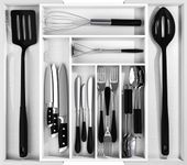 KICHLY Bamboo Kitchen Drawer Organizer - Expandable Utensil Organizer, Adjustable 8 Slots Kitchen Cutlery Organizer for Silverware, Flatware, Knives - White