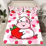 Milk Cow Bed Sheet Set Pink White Cow Strawberry Pattern Fitted Sheet Bedding Sheet for Kids Adults Kawaii Girls Milk Cow Print Comforter Cover Ultra Soft Room Decor Twin Size