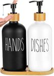 Premium Quality Glass Soap Dispenser Set with Bamboo Tray - 2 pcs Hand Soap And Dish Soap Dispenser For Kitchen Sink Suitable for Rustic Kitchen Decor, Liquid Soap Dispenser Set, Refillable Dispensers