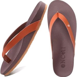 ONCAI Womens Flip Flops For Women Comfortable Leather Strap Yoga Mat Non-Slip Women's Thong Sandal Casual Summer Beach Slippers With Arch Support Khaki/Brown Size 7