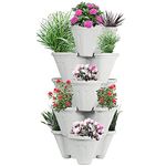 POTS4NATURE 5 Tier Stacking Vertical Flowers Garden Vegetables Strawberries Herbs Plastic Planter Pots for Indoor / Outdoor, Terrace, Balcony, Patios and Backyards Gardening Tower - Off White