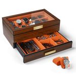 Watch Box Organizer for Men, Wood Watch Display Case with Valet Drawer, 2-Layer Luxury Jewelry Organizer with Real Glass Top, Storage Gift Box for Watches, Sunglasses, Ring, Cufflink and More, Orange