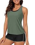 Bsubseach Racerback Tankini Swimsuits for Women Three Piece Bathing Suits Colorblock Swimwear Green XL