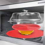 3 in 1, JesDiary Hook Top Microwave Cover for Food & Versatile Mat, 12" as Plate Holder, 10" for Bowl, Clear Microwave Cover Splatter Guard Lid for Plate 12 10 8 Inch & Silicone Mat BPA Free, Red