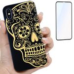 iProductsUS Wood Phone Case Compatible with iPhone Xs, X and Screen Protector, Engraved Sugar Skull Black Bamboo Case, Built-in Metal Plate,Compatible Wireless Charger,TPU Shockproof Cover (5.8 inch)