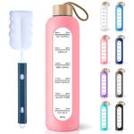 PROBTTL 32 Oz Borosilicate Glass Water Bottle with Time Marker Reminder Quotes, Leak Proof Reusable BPA Free Motivational Water Bottle with Silicone Sleeve and Bamboo Lid (Pink)