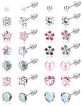 SAILIMUE 14 Pairs Hypoallergenic Screw Back Stud Earrings for Women Girls 316L Stainless Steel Tiny CZ Pearl Ball Heart Flower Screwback Earrings Studs Set Multicolored Pink