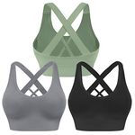 Evercute Sports Bra for Women Padded Medium Support Criss Cross Strappy Bras Seamless High Impact Yoga Exercise Athletic Bras, Black Gray Green 3 Pack, Medium