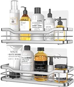 homeasy Shower Caddy, Shower Shelf Adhesive Bathroom Shelves Wall Mounted with 4 Movable Hooks for Hanging Razor and Towels Bathroom Accessories Organiser Storage Kitchen Rack No Drilling - 2 Pack