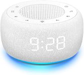 Buffbee Sound Machine & Alarm Clock 2-in-1, 0-100% Clock Face Brightness, Bottom Colored Light, Sleep Timer, Precise 30-Level Volume Control White Noise Machine - White