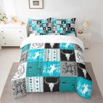 Western Cowboy Comforter Set 7 Pieces, Bull Skull Horses Arrow Print Bedding Full, Blue Grey Lattice Patchwork Bed Set with 1 Comforter,1 Fitted Sheet,1 Flat Sheet,2 Pillowcases,2 Throw Pillow Cover