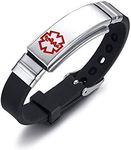 VNOX Free Engraved Stainless Steel Black Silicone Medical Alert ID SOS Adjustable Bracelet for Men Women
