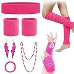 VEGCOO 80's Outfits Women Set 80's Costume Women Accessories Neon Green Leg Warmers Fishnet Gloves Headband Bracelet (Pink)