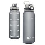 Teentumn 30oz Sport Water Bottle with Time Markers, Large Durable Gym Plastic Bottle Tritan BPA Free for Fitness, Outdoor Enthusiasts, Leakproof Gray (Pack of 1)