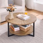 PADMA HOUSE Round Wood Coffee Table with Storage, Farmhouse Solid Wood Circle Center Table, Wood Tabletop & Metal Frame for Living Room (Yellowish Brown)