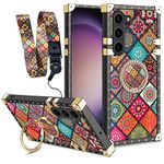 nancheng for Samsung Galaxy S23 Case (6.1-inch) with Ring Stand Strap Lanyard Girls Women Cute Mandala Retro Flower Pattern Metal Reinforced Corners Shockproof Protective Cover