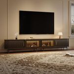 POVISON Fully-Assembled Sliding Tambour Door TV Stand with LED Lights, Mid Century Modern TV Console, Wood Media Console, Entertainment Center with Storage Cabinet(Black, 118.11")