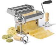 Starfrit Manual Stainless Steel Pasta Machine, 9 Adjustable Thickness Settings, Spaghetti & Fettuccine Cutting Attachment, Round & Square Ravioli Stamps