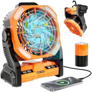 Sugoiti Portable Camping Fan Father's Day 20000mAh Rechargeable Battery, 4-Speed Quiet Cooling Blower with LED Lantern, 4 Timing, Hanging Hook for Outdoor Picnic Tent Beach Fishing Orange